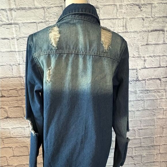 Amazon Women's Dark Blue Distressed Jean Jacket - Picture 4 of 5